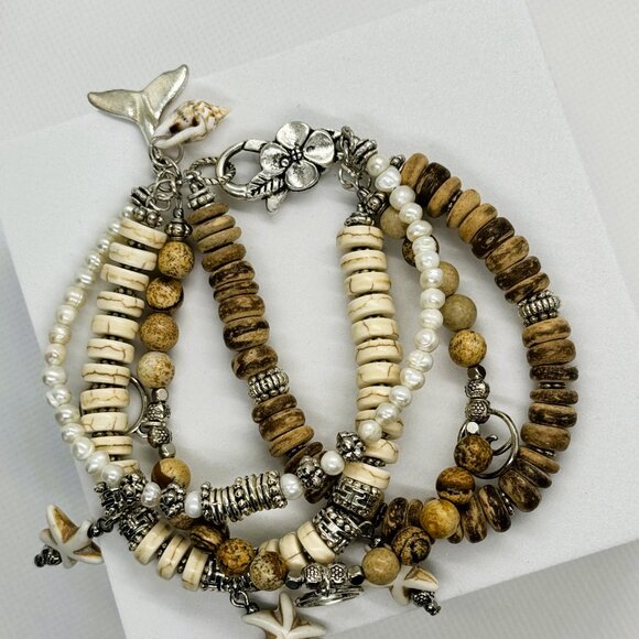 Boho Beach Bracelet Set – Natural Jasper, Shell & Pearl Beads with Starfish Char - Picture 2 of 2